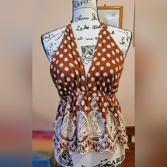 Free People Lunch Date Rust Polka Dot Adjustable Boho Halter Top, Babydoll M EUC - Picture 6 of 15